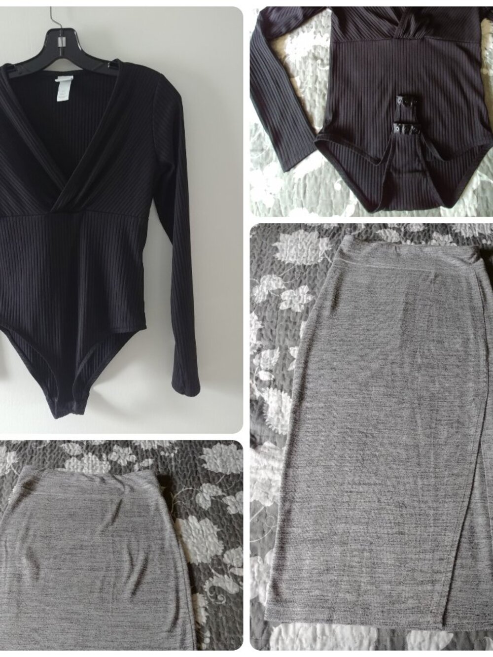 H&M Black Bodysuit ,Med. With Dynamite Maxi Grey Skirt, Small. Comfortable Set